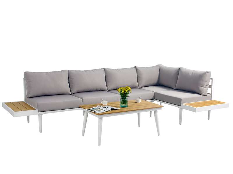 Aluminiumkombination soffa uppsättning, 3st soffa set med syntetisk trä, utomhusmöbler YQC-2762